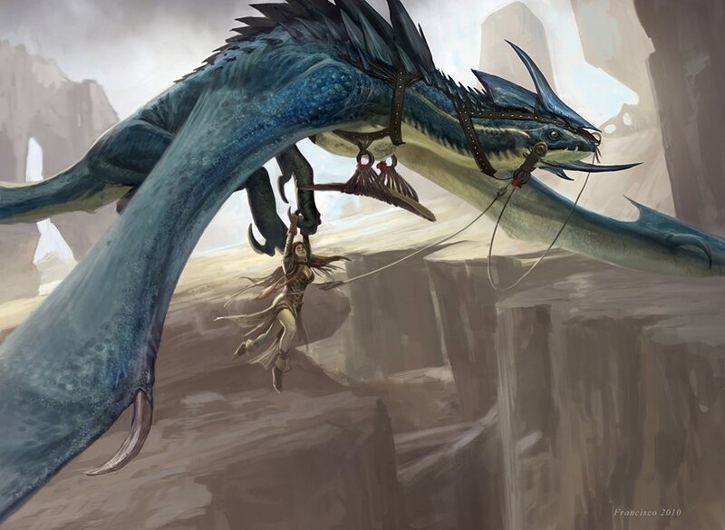 Woman riding a blue dragon