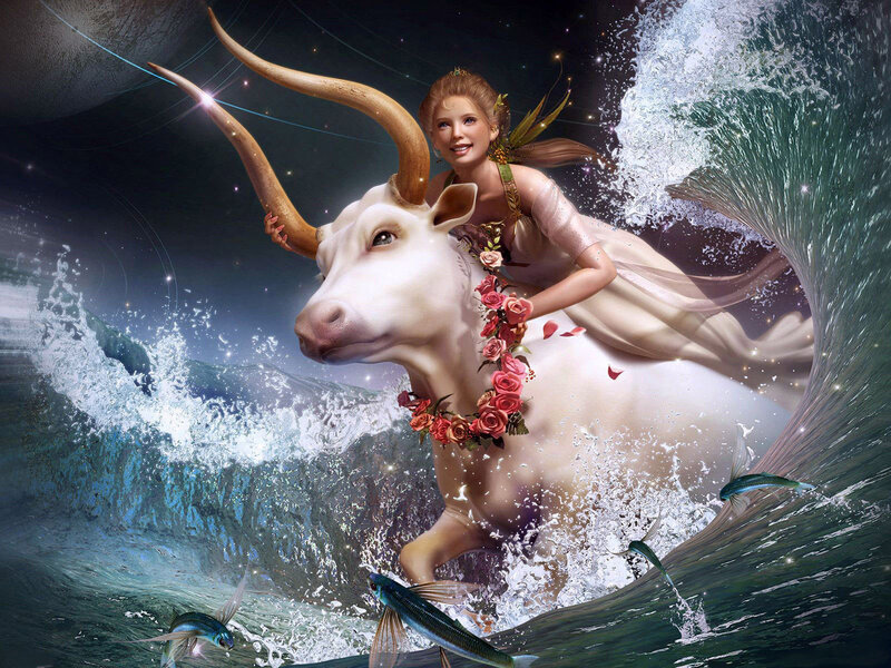 woman riding a bull through waves