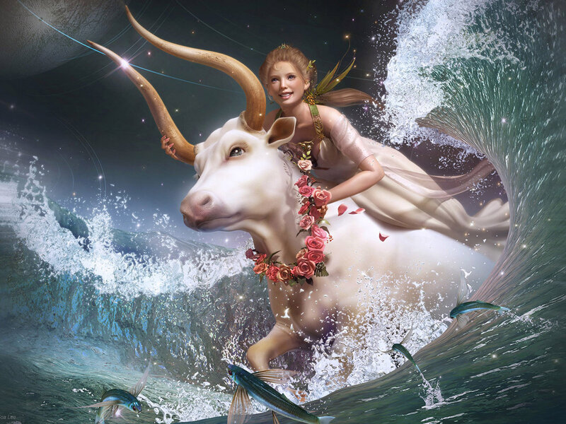 woman riding a bull through waves