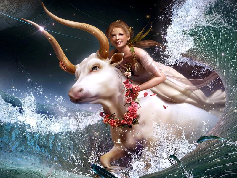 woman riding a bull through waves