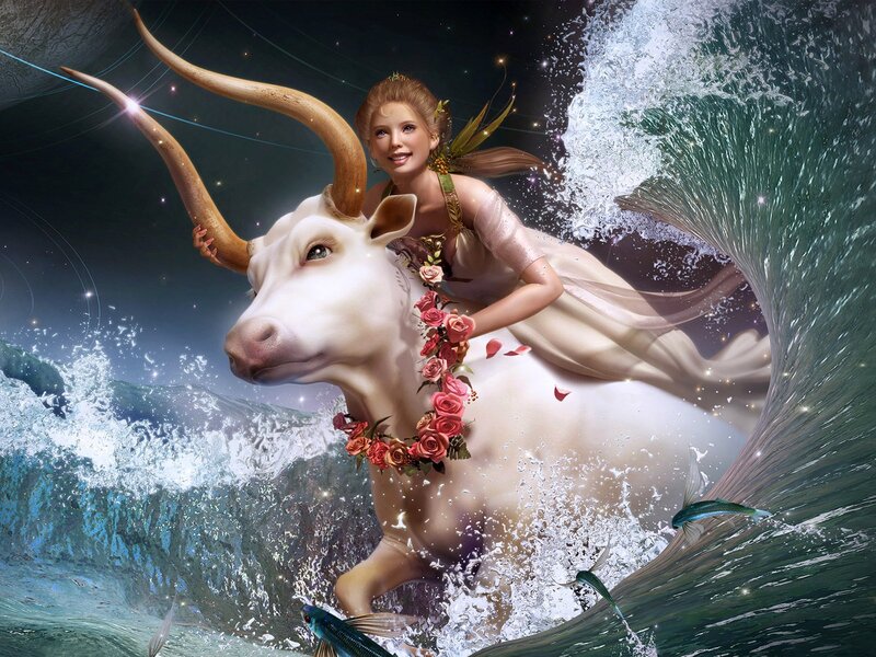 woman riding a bull through waves