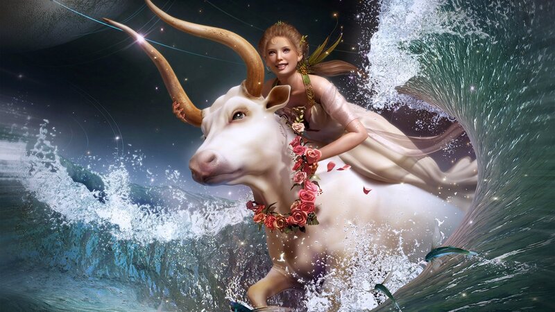 woman riding a bull through waves