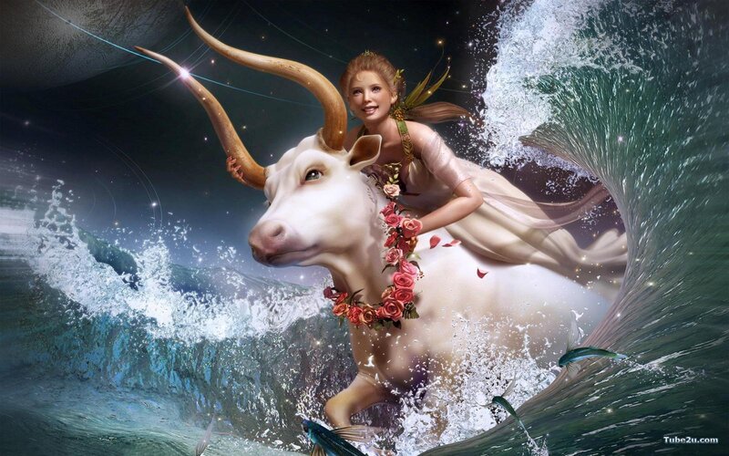 woman riding a bull through waves