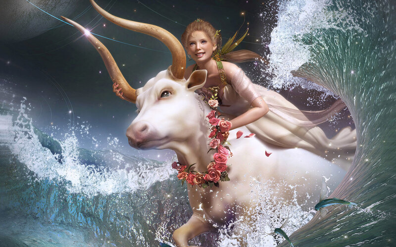 woman riding a bull through waves