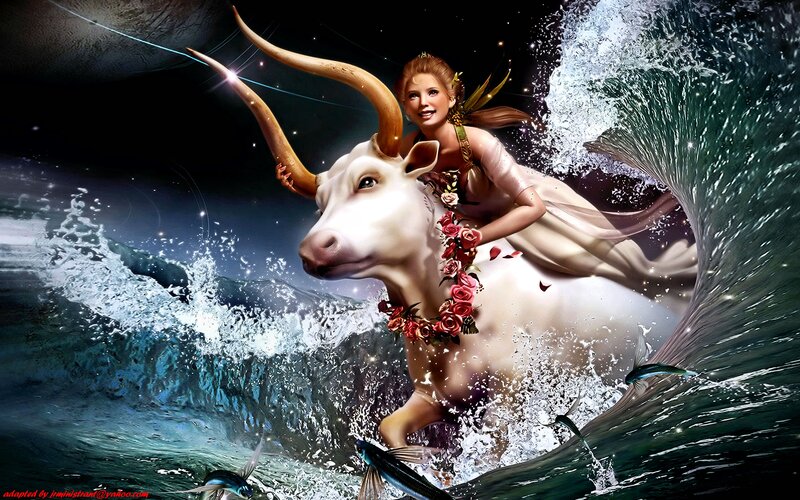 Woman Riding a Bull — White, Dramatic, Night, Digital Art