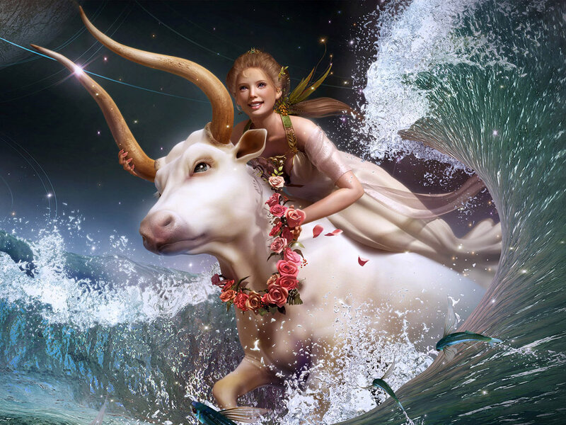 Woman Riding a Bull — White, Dramatic, Night, Digital Art, Waves, Flowers