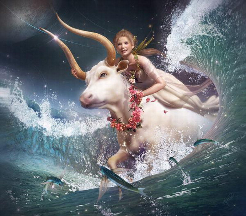 Woman Riding a Bull — White, Dramatic, Night