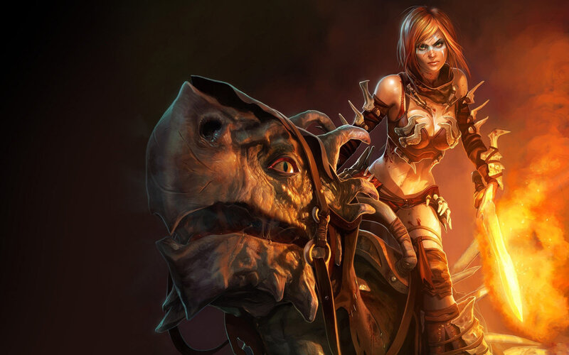 Woman Riding a Creature — Orange, Dramatic