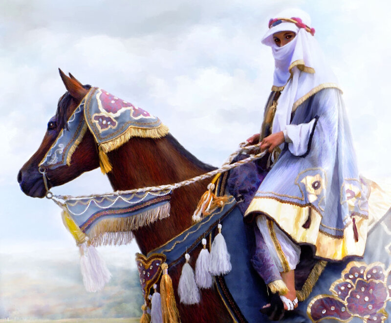 woman riding a decorated horse