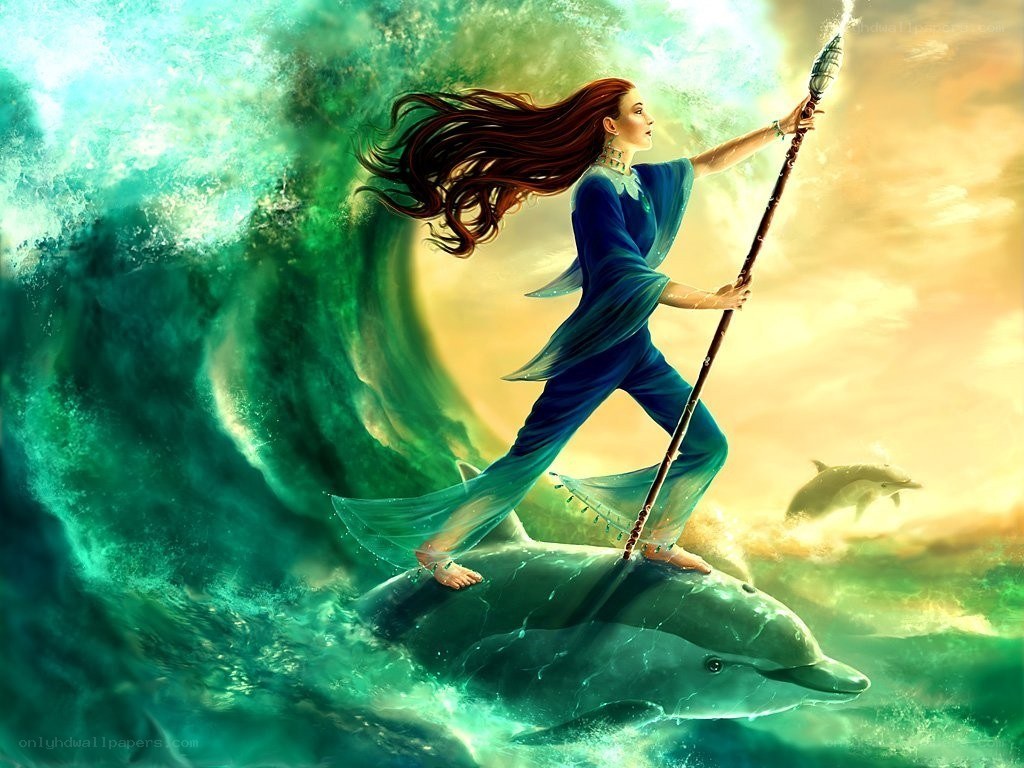 woman riding a dolphin