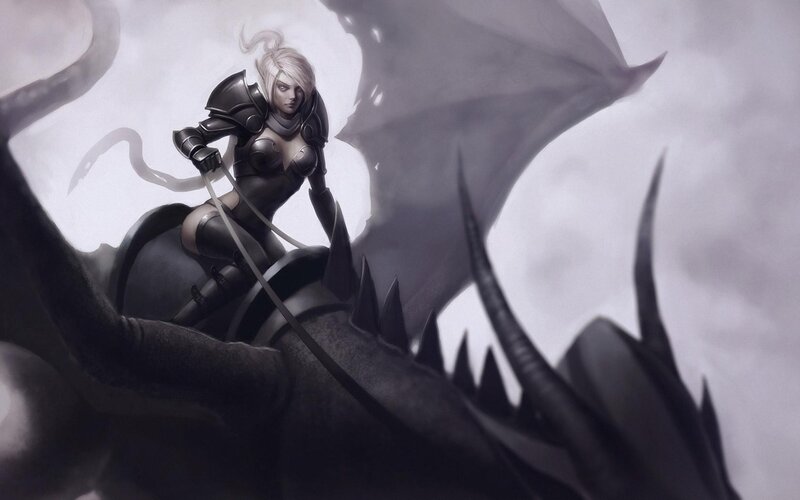 Woman Riding a Dragon — Black, Dramatic, Digital Art, Armor