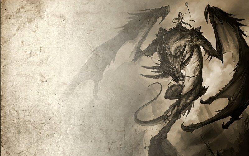 Woman Riding a Dragon — Black, Dramatic, Digital Art, Sword
