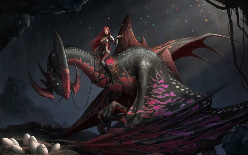 Woman Riding a Dragon — Black, Dramatic, Night, Digital Art, Eggs, Cave