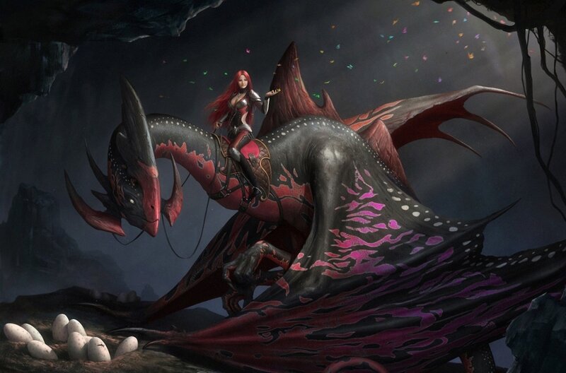 Woman Riding a Dragon — Black, Dramatic, Night, Digital Art, Eggs