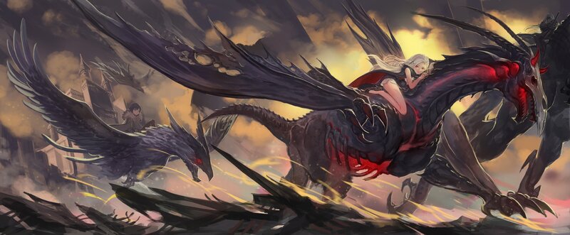 Woman Riding a Dragon — Black, Dramatic, Sunset
