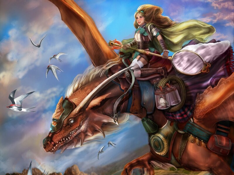 Woman Riding a Dragon — Blue, Adventurous