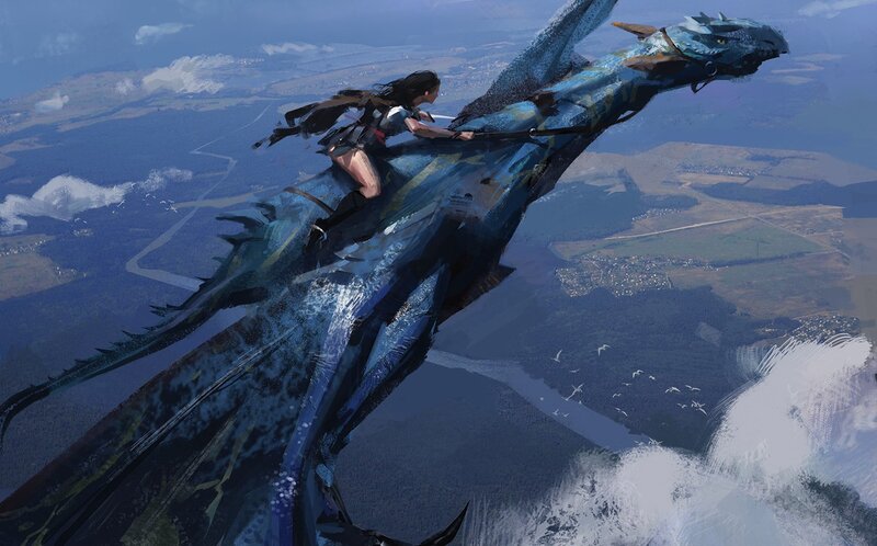 Woman Riding a Dragon — Blue, Dramatic, Afternoon
