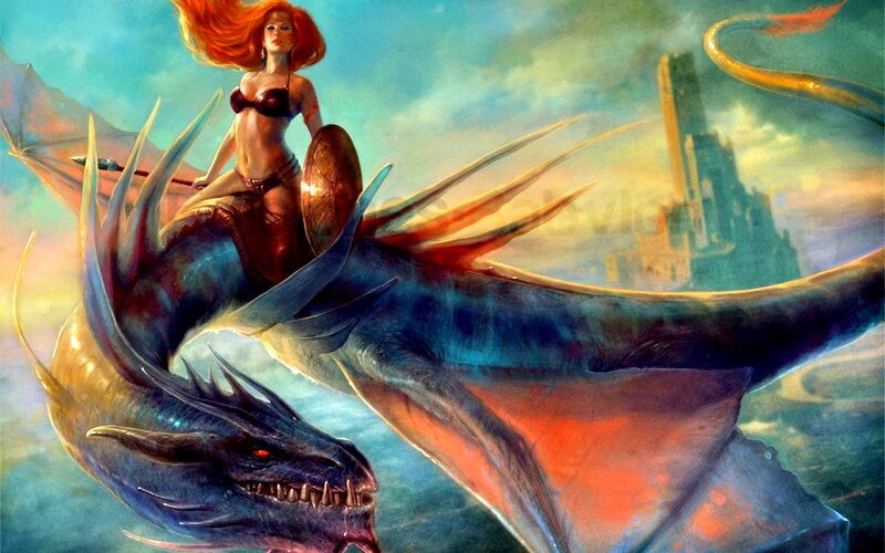 Woman Riding a Dragon — Blue, Dramatic, Sunset
