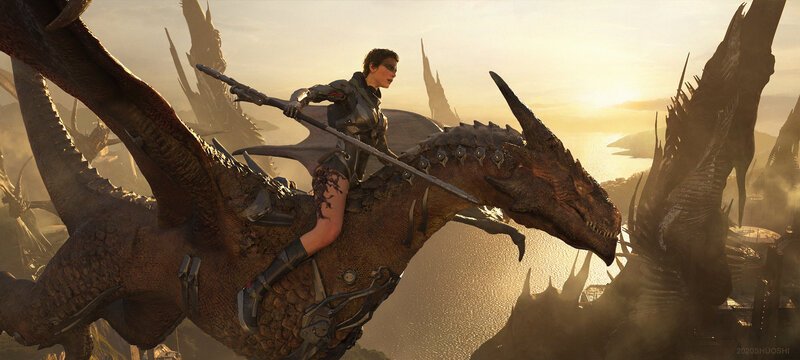 Woman Riding a Dragon — Brown, Dramatic, Sunrise