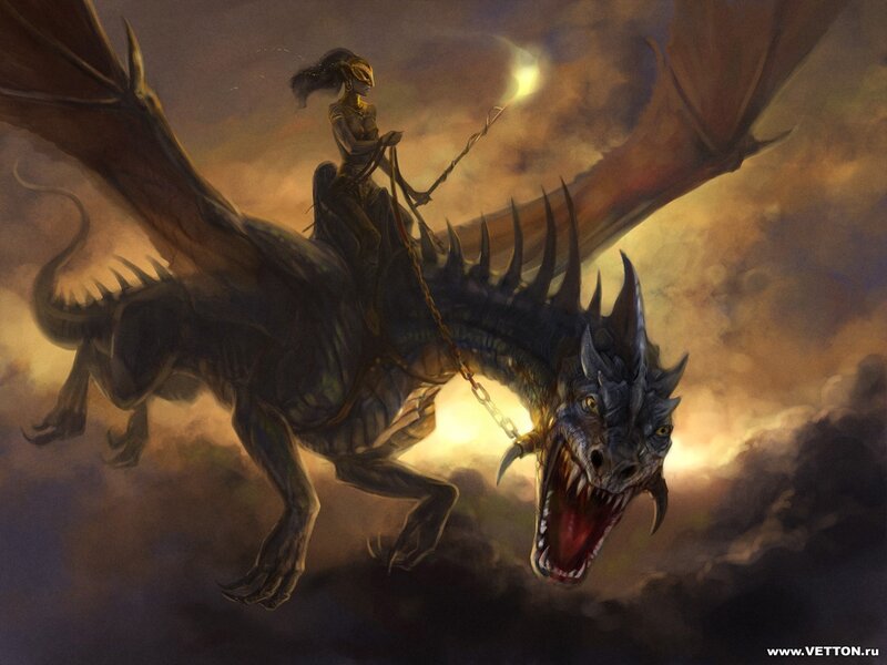Woman Riding a Dragon — Brown, Dramatic, Sunset, Digital Art, Clouds