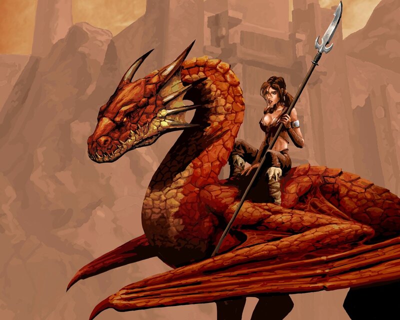 Woman Riding a Dragon — Brown, Dramatic