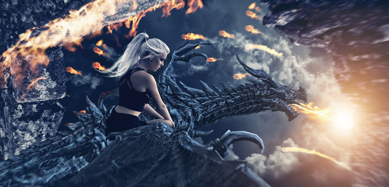 Woman Riding a Dragon — Gray, Dramatic