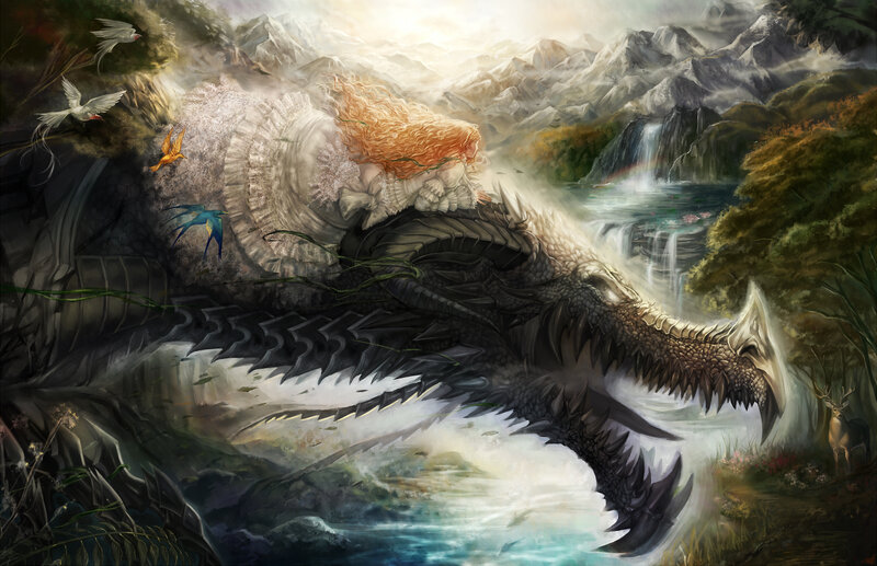 Woman Riding a Dragon — Green, Dramatic, Afternoon