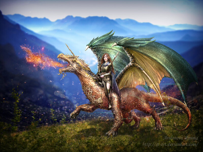 Woman Riding a Dragon — Green, Dramatic, Digital Art