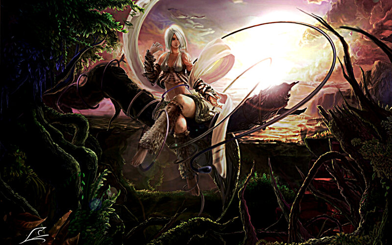 Woman Riding a Dragon — Green, Dramatic, Sunset