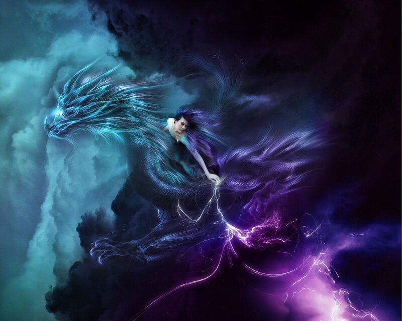 Woman Riding a Dragon — Purple, Dramatic, Night