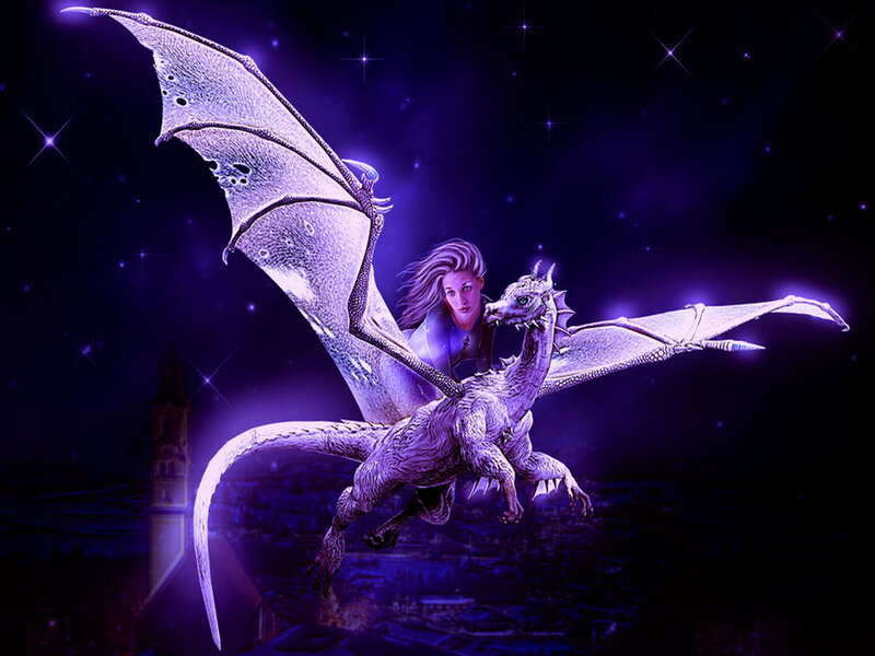 Woman Riding a Dragon — Purple, Dramatic