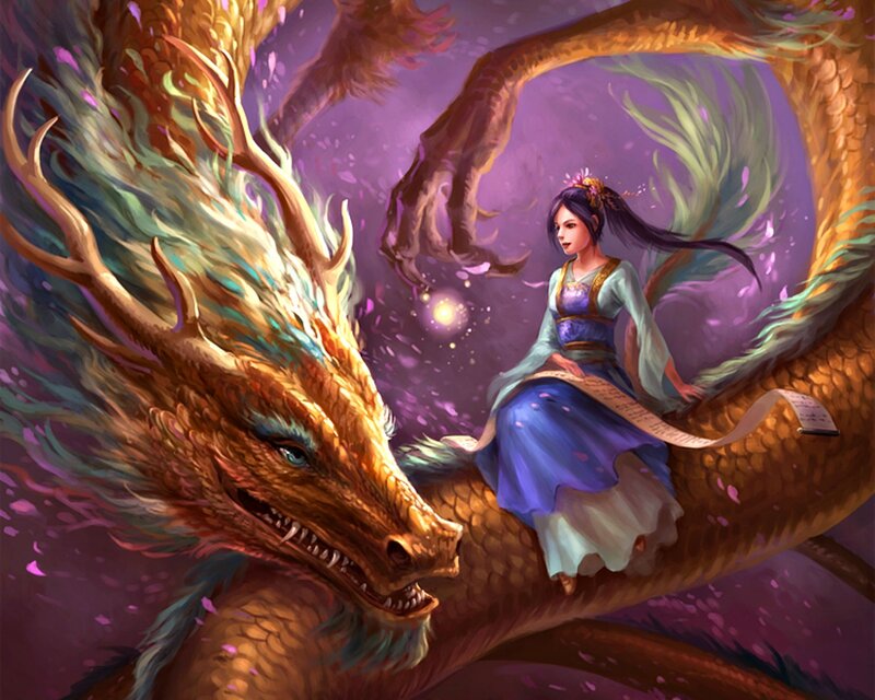 Woman Riding a Dragon — Purple, Serene