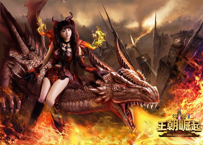 Woman Riding a Dragon — Red, Dramatic, Digital Art