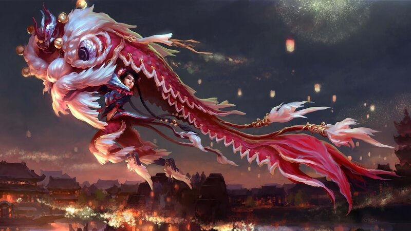 Woman Riding a Dragon — Red, Dramatic, Night, Digital Art, Lanterns, City, White