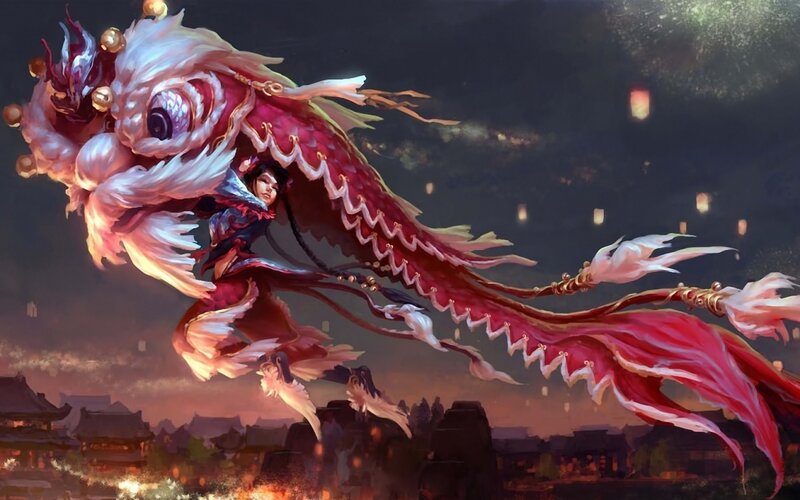 Woman Riding a Dragon — Red, Dramatic, Night