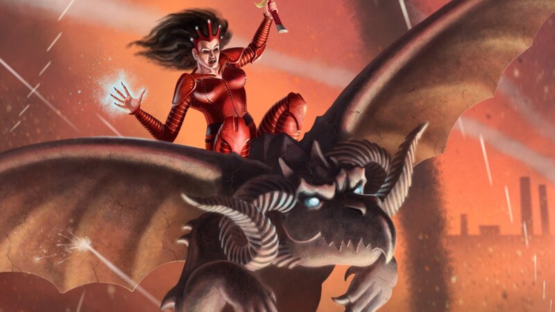 Woman Riding a Dragon — Red, Dramatic, Sunset