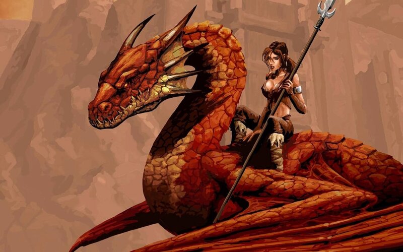 Woman Riding a Dragon — Red, Dramatic