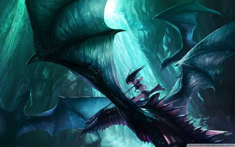 Woman Riding a Dragon — Teal, Dramatic, Digital Art, Cave, Light