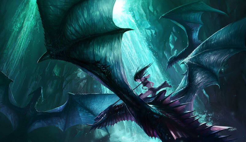 Woman Riding a Dragon — Teal, Dramatic, Digital Art, Cave