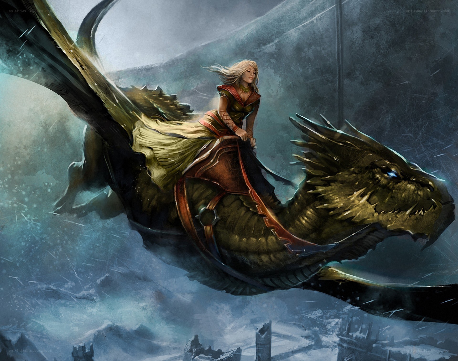 woman riding a dragon