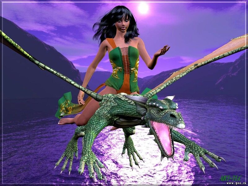 woman riding a green dragon