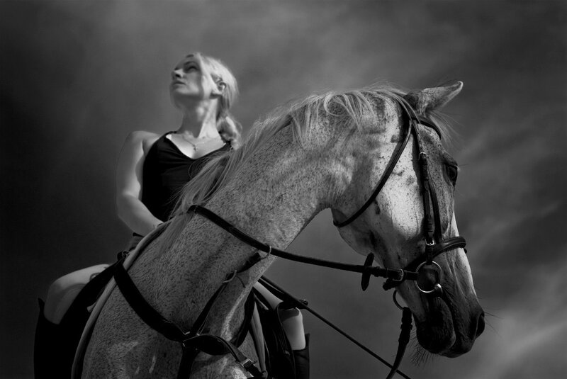 Woman Riding a Horse — Black, Dramatic, Photograph, Rider