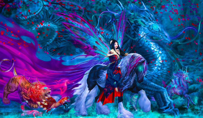 Woman Riding a Horse — Blue, Dramatic, Digital Art