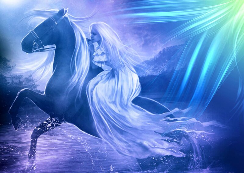 Woman Riding a Horse — Blue, Dramatic