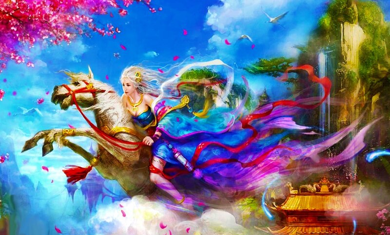 Woman Riding a Horse — Blue, Fantasy, Spring, Digital Art
