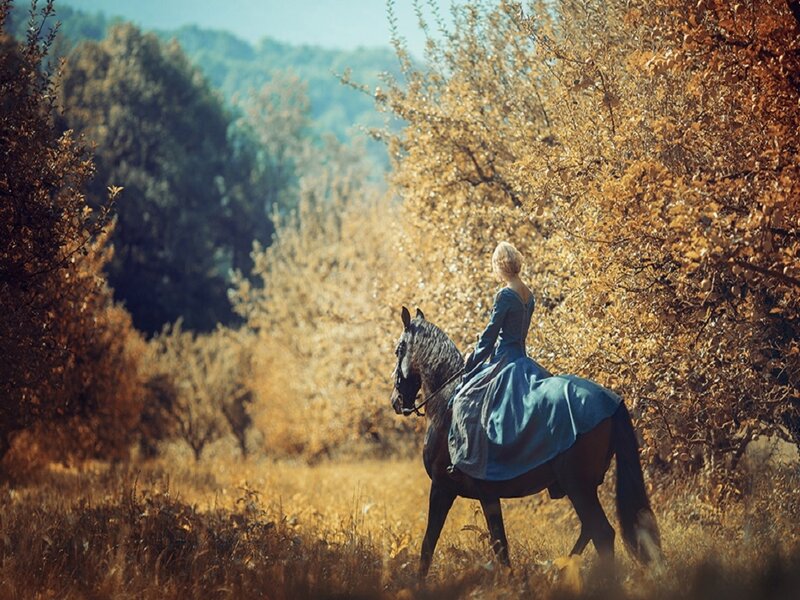 Woman Riding a Horse — Blue, Serene, Autumn