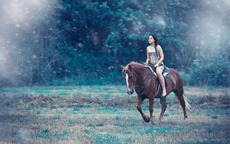 Woman Riding a Horse — Blue, Serene, Photograph