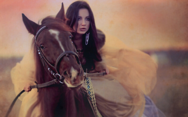 Woman Riding a Horse — Brown, Dramatic, Sunset