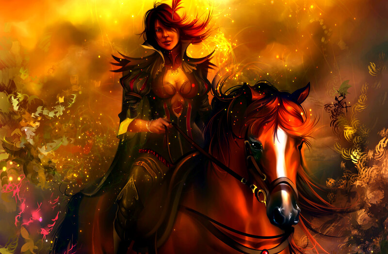 Woman Riding a Horse — Orange, Dramatic, Sunset