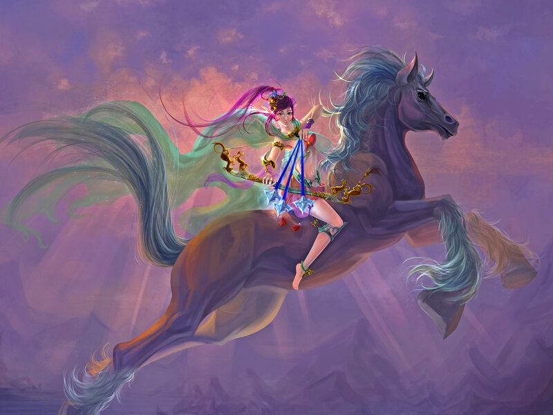 Woman Riding a Horse — Purple, Dramatic, Sunset